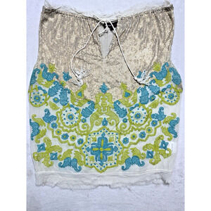 Namrata Joshipura Gold Teal Silk Sequin Small S Modern Craft Boho Festival Top